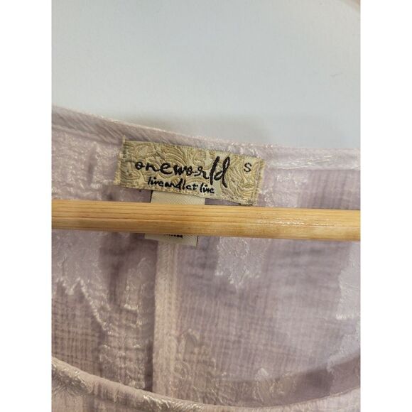 One World Women's Top Size Small Mauve Silver Boho Crochet 3/4th Bellsleeve - Picture 4 of 5